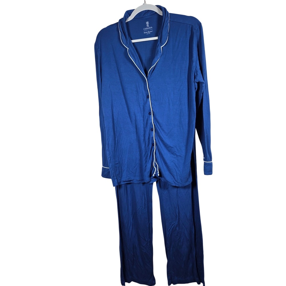 Cariloha Pajama Set Womens L Blue Bamboo Viscose Button Up Sleepwear Loungewear